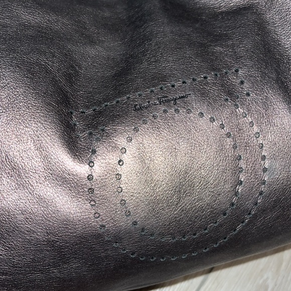 Salvatore Ferragamo Perforated Logo Metallic Bronze Ganchini Leather Tote Bag - Picture 9 of 17